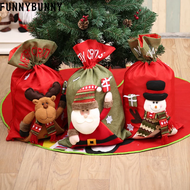 

FUNNYBUNNY Christmas Candy Bag Linen Bag Santa Claus Gift Bag, Santa Claus Snowman Deer Drawstring Bags Xmas Decor