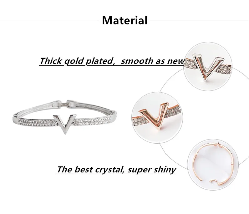 Luxury Jewelry Women Crystal V Bracelet Bangle Korean Fashion Trendy Geometric Exquisite Luxury Letter Bracelets