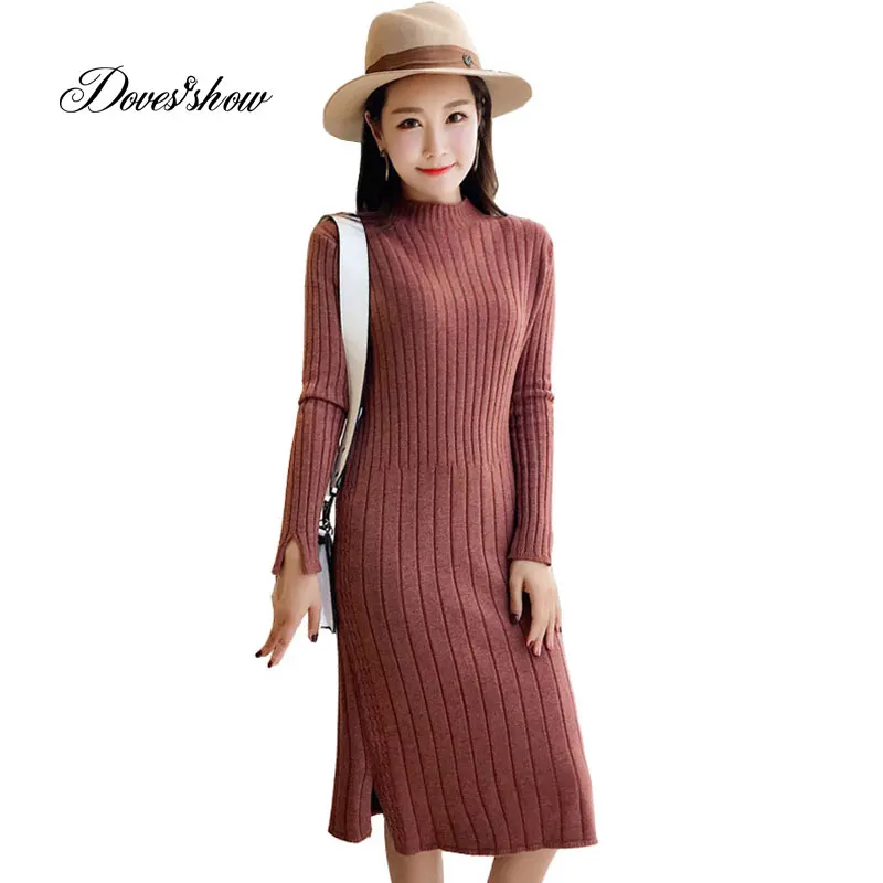 Elastic High Waist Women Knitted Dresses Calf length Bodycon Pencil Dresses Female Rretro Long Spring Autumn