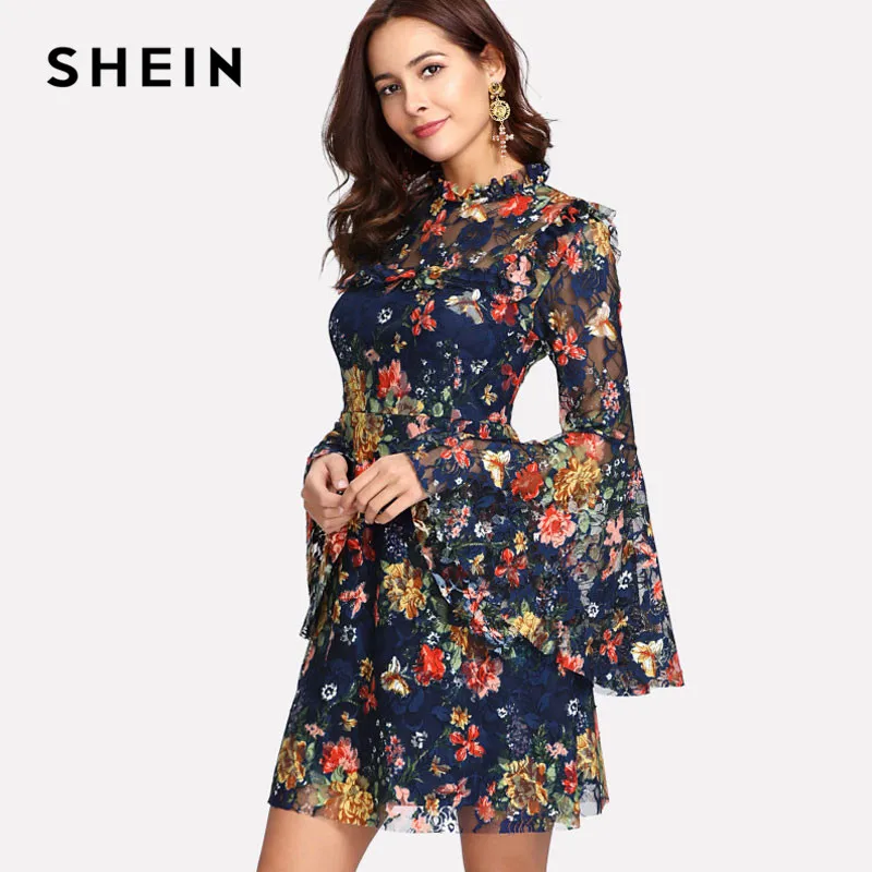 SHEIN Цветочное Кружевное Платье С Оригинальным Рукавом Женское Весеннее Многоцветное Богемное Платье С Длинными Рукавами И Стоячим Воротником