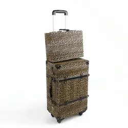 С леопардовым принтом Ретро прокатки Чемодан Для женщин прекрасный подарок чемодан, pu и деревянный дорожная сумка, универсальные колесные