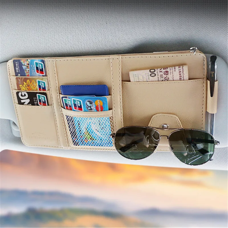 

2019 Interior Accessories Car Storage Sun Visor Organizer Auto Storage Bag Car Stowing Tidying Box Card Holder Pocket PU Leather