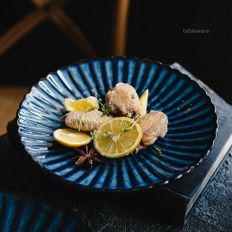 

Japanese Retro Blue Kiln Ceramic Steak Western Dish Fruit Plate Dish Round Household Flat Plate Tableware