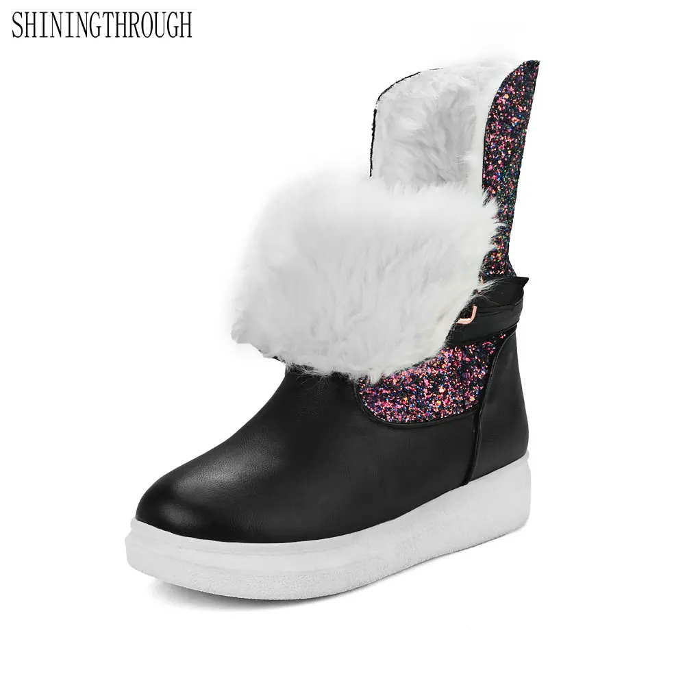 

New fashion Women Boots shiny bling snow Boots woman flat Women's shoes woman winter Boots Female black white pink