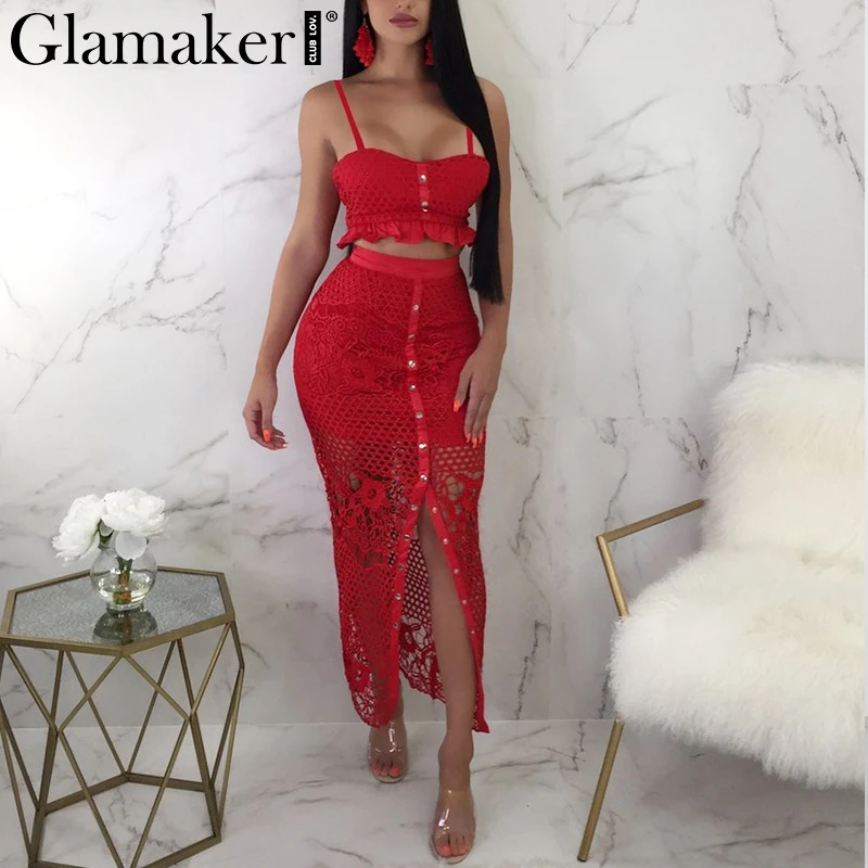 Glamaker مثير الجوف خارج سبليت اثنين من قطعة دعوى فستان طويل النساء كشكش أزرار الصيف الشاطئ اللباس bodycon الأبيض الدانتيل حزب اللباس Glamaker مثير الجوف خارج سبليت اثنين من قطعة دعوى فستان طويل النساء كشكش أزرار الصيف الشاطئ اللباس bodycon الأبيض الدانتيل حزب اللباس