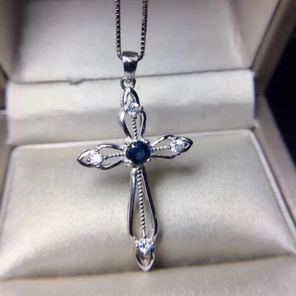 

natural blue sapphire gem Elegant special cross Pendant natural gemstone pendant S925 silver women girl party gift fine jewelry