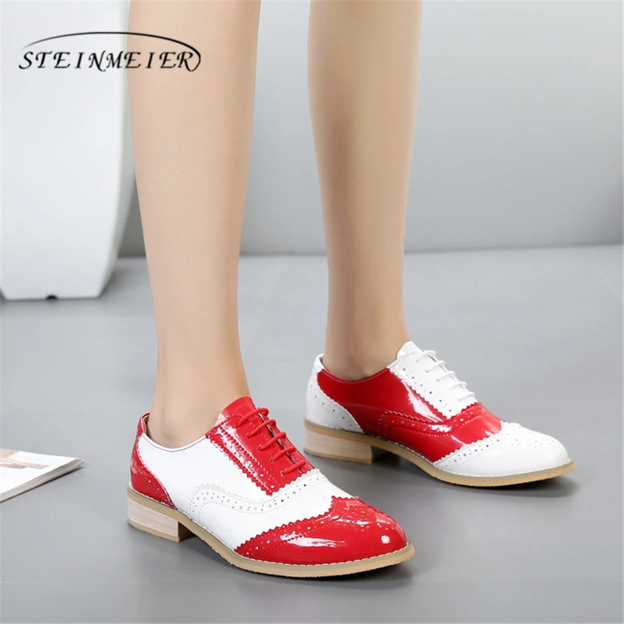 Genuine Leather Women Oxford Shoes Flats Round Toe Handmade Flat Shoes Pink Lace Up Vintage Woman Spring Summer