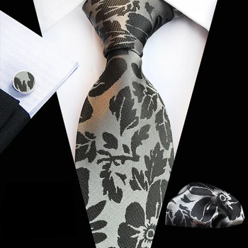 

3 Pcs/Set 8cm Men Ties Sets Gray Black Floral Necktie Pocket Square Cufflink