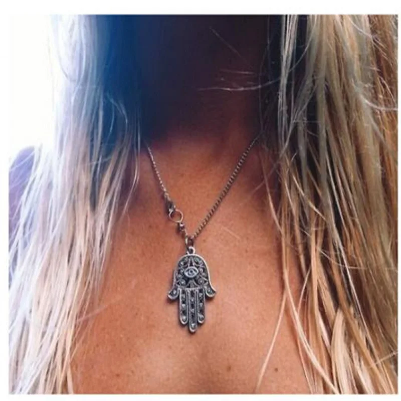 

Hamsa Fatima Hand Pendant Charm Silver Color Chain Necklace For Women collares Bijoux Jewish Judaica Kabbalah