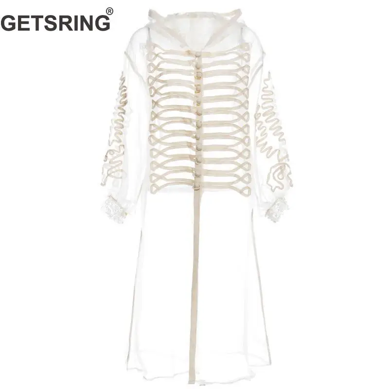 

GETSRING Women Trench Coats Organza Hooded Long Sleeve Perspective Windbreaker Sunscreen Long Overcoat Women Summer Coats 2019