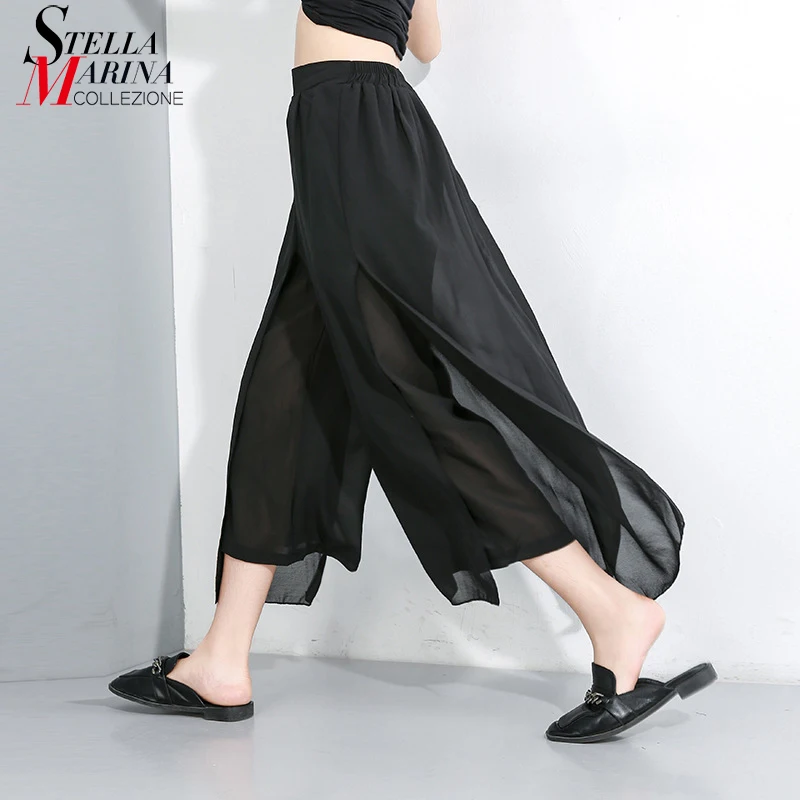 

New 2019 England Style Women Summer Long Black Chiffon Pants Extra Layer Wide Legs Ladies Unique Wear Casual Pants Trousers J662