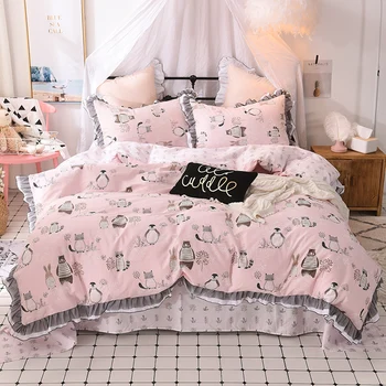 

New 100% cotton Penguin printing Bedding Set Princess style Bed set black lace duvet covers Soft Bedclothes for home