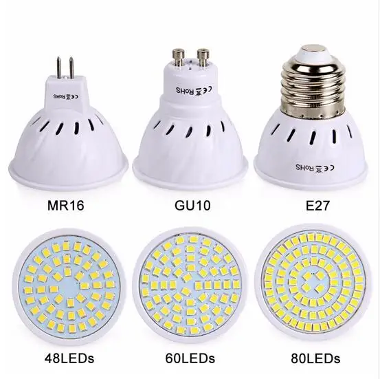 GU10 LED E27 Лампа E14 48 60 80 светодиодов lampara 220V GU 10 bombillas led MR16 gu5.3 лампада точечная лампа