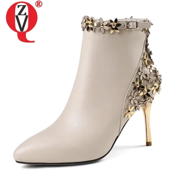 

ZVQ woman shoes autumn new fashion sexy pointed toe high quality genuine leather ankle boots outside super high heels zip shoes