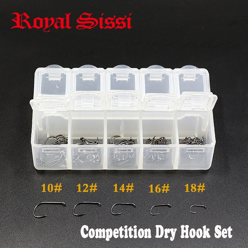 

1set 5sizes fly hook 10# 12# 14# 16# 18# Competiton fly fishing hook 160pcs with despensor Super fine wire barbless dry fly hook