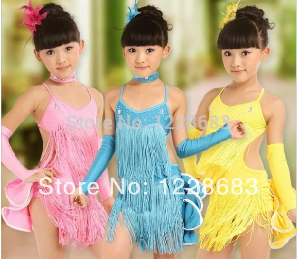 

New 2015 Girls Kids Children Rhinestone Fringe Cocktail Salsa Samba Tango Ballroom Latina Costume Skirts Latin Dance Dress