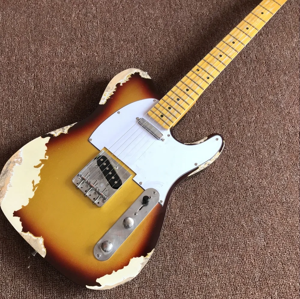 

handmade TELE 6 Strings Maple fingerboard Electric Guitar,Sunburst color top elecaster gitaar relics by hands guitarra