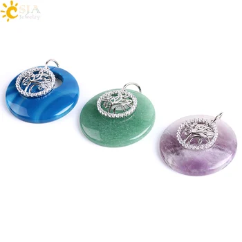 

CSJA Tree of Life Hollow Round Necklaces & Pendants Natural Gem Stone Beads Green Aventurine Opal Tiger Eye Crystal Jewelry E836