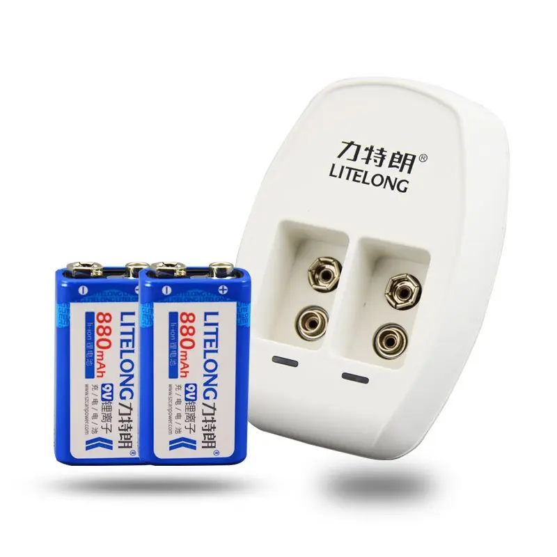Vente 2X9 v Haute capacité 880 mAh li ion Rechargeable au lithium 9 Volts Batterie + 2 slots 9 v chargeur Dédié pour microphone