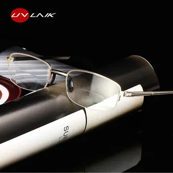 

UVLAIK Bifocal Reading Glasses Men Metal Half Frame Eyeglasses Women Multifunctional Double Light Hyperopia Glasses