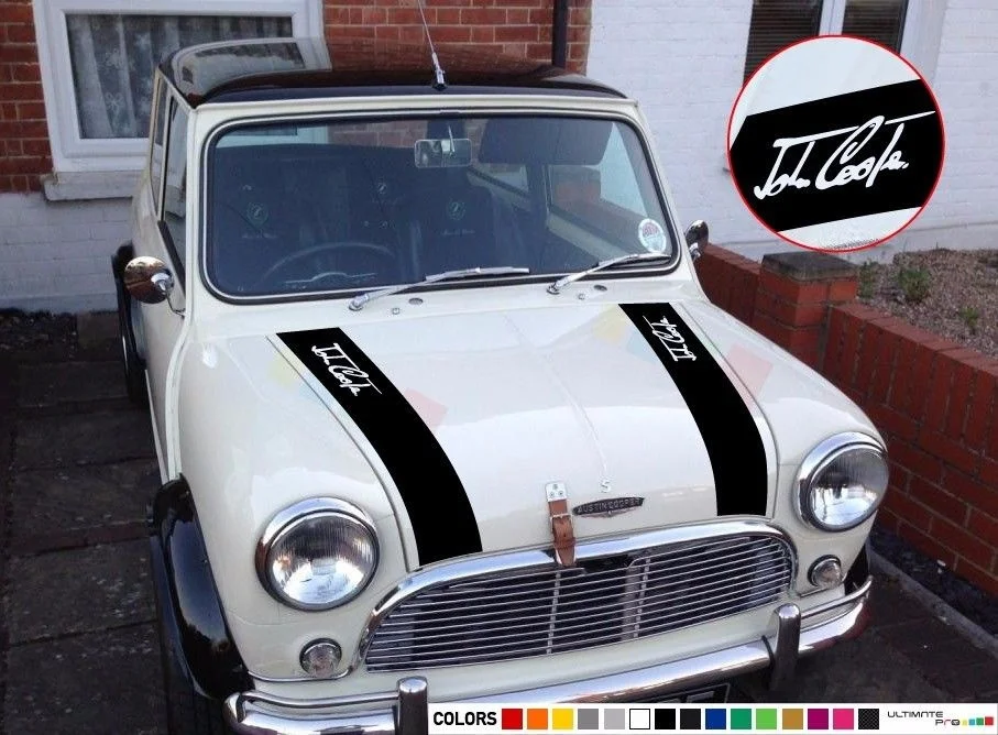 

For 2xSticker Stripe for Classic mini john cooper bonnet grill hood front sign chrome Car Styling