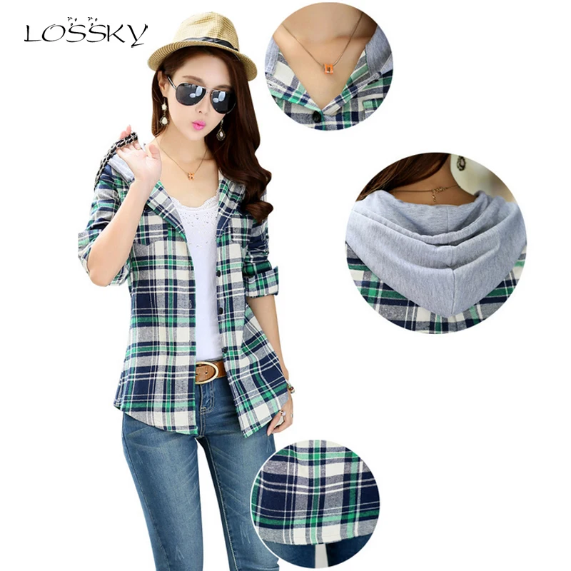 

Plaid Flannel Blouse Shirt Women Hoodie Casual Long Sleeve 2018 Autumn Fashion Female Clothing cheap clothes china