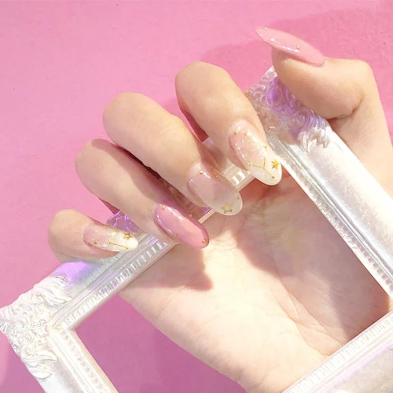 

24pcs Fashion Pink Press On Nails Style Artificial Fake False Nail Tips Stars Design Full Cover Long Top Acrylic Nails For Girls