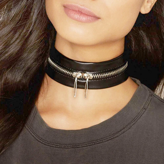 Punk Creative Black PU Leather Zipper Choker Necklace for Women Gothic