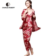 CR печать женская пижама Наборы 3 шт костюм весна лето Стиль эмуляции шелковый халат спагетти купальный халат с лентами AP451