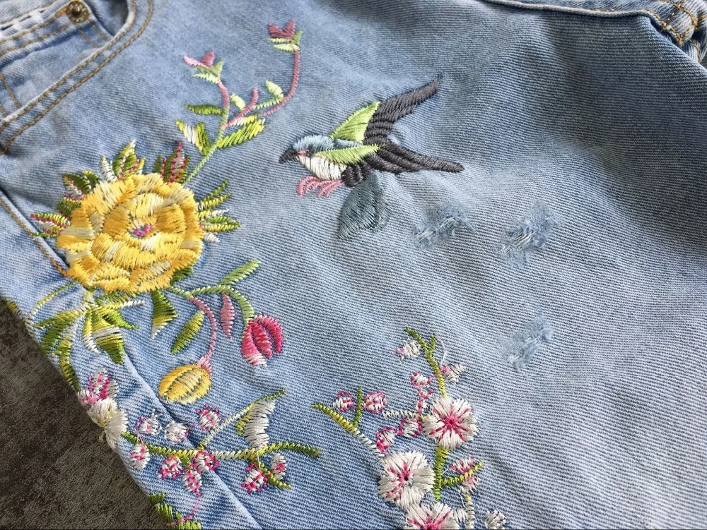 2017 Europe and the United States women's 3D three-dimensional heavy craft bird flowers front and rear side embroidery high waist straight irregular wear jeans (18)
