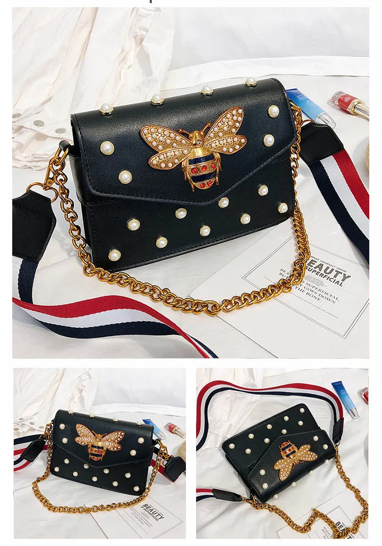 Women's Pearl Bee Leather Handbags Crossbody Bags for Women 2018 Italian Style Luxury Chain Clutch Designer Female Shoulder Bag (7)