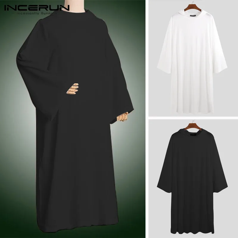 INCERUN мусульманская одежда Исламский, Арабский Кафтан халаты мужские с капюшоном Твердые с длинным рукавом мужские джубба Тобе Саудовской