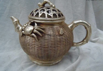 

China silver carved beautifully lucky crab creel teapot sculpture statue