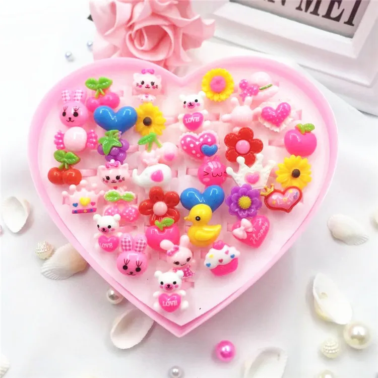  36pcs Mini Cartoon Candy Flower Kindergarten Little Girl Plastic Ring Set Pretend Play Beauty Fashi - 33001980751