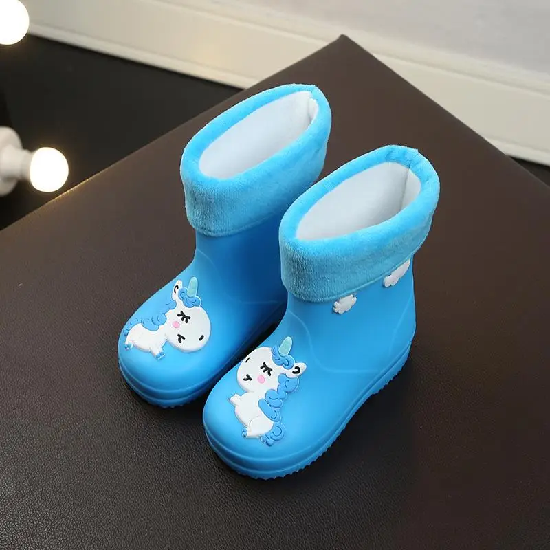 New Kids Rain Boots For Girls Rubber Rainboot Boys Baby Girl PVC Warm Children Waterproof Shoes Modis Cartoon Unicorn Removable - Цвет: Blue