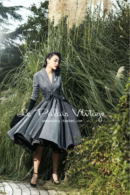 Goede 2015 Le Palais Vintage Elegante Retro Grijs Stiksels Taille Grote Slinger All Match Lange Jas Hoge Kwaliteit vrouwen Kleding