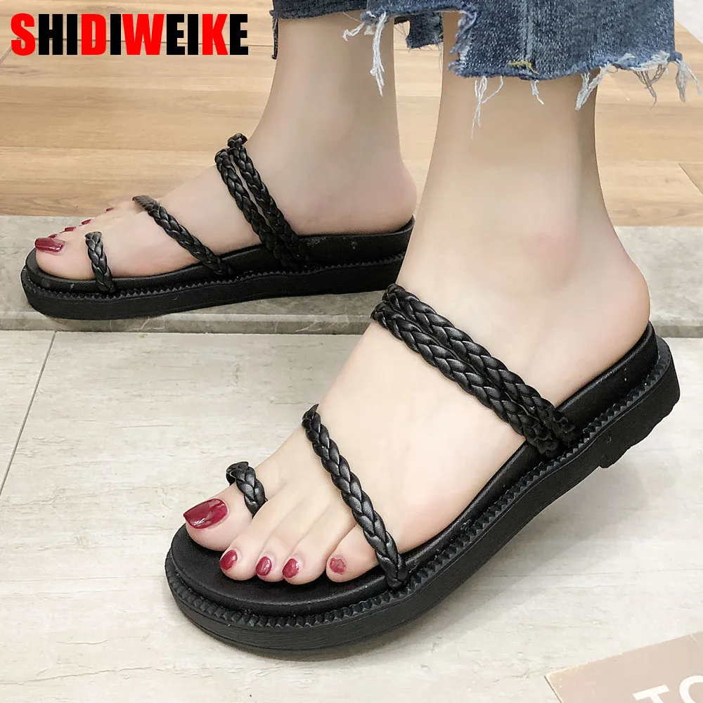 

2019 new leather slides muffin bottom slippers for female summer slope with thick-soled high-heeled women summer shoes f727