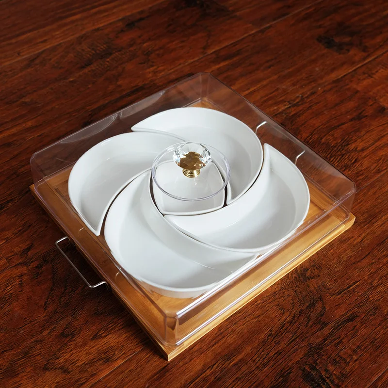 Ceramic snack plate platter wood plate friut tray dust-proof can put living room snack platter