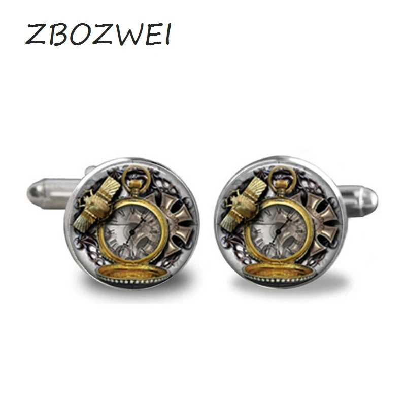 

2018 Fashion handmade Cufflink Vintage Animals Owl Clock Glass Cabochon Steampunk Art Picture High Quality Cufflink jewelry gift