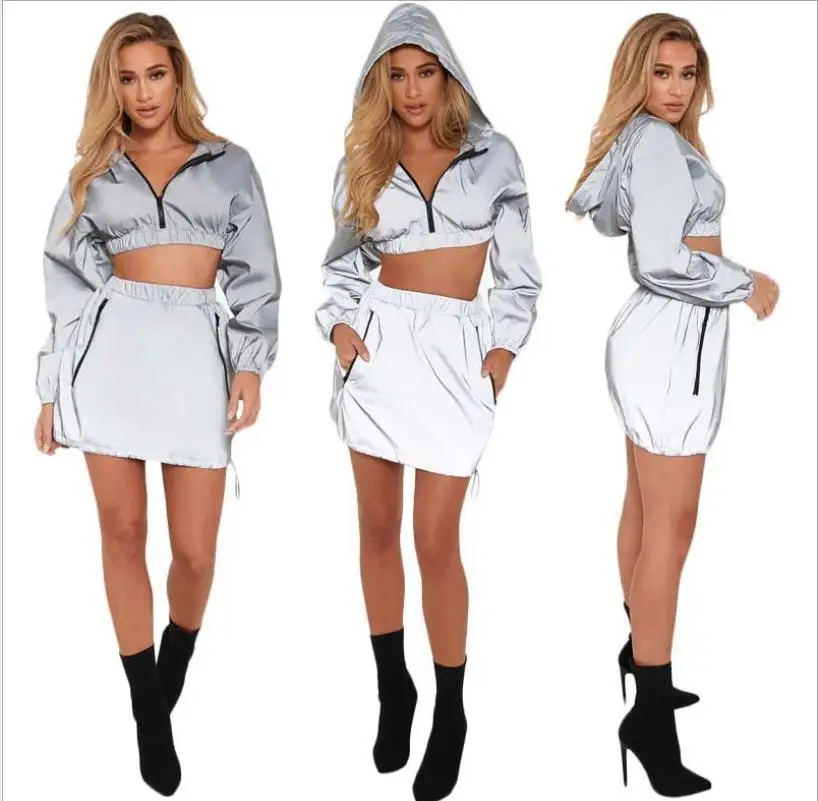 

Reflective Two Piece Set Short Hooded Pullover Top And Skirt Set Gray 2 Piece Set Women Fashion Skirt Top Outfits Women