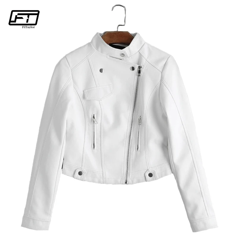 

Fitaylor Autumn Women Faux Leather Jacket Pink White Black Biker Coat Short Motorcycle Bomber Jackets Basic Outwear