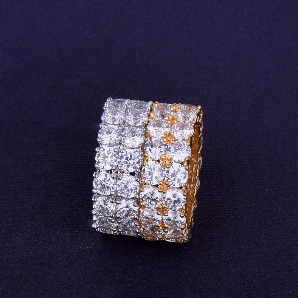 Два ряда Solitaire мужское кольцо медь золотистые и Серебристые Подвески Цвет кубический циркон Iced кольцо Мода хип хоп ювелирные изделия