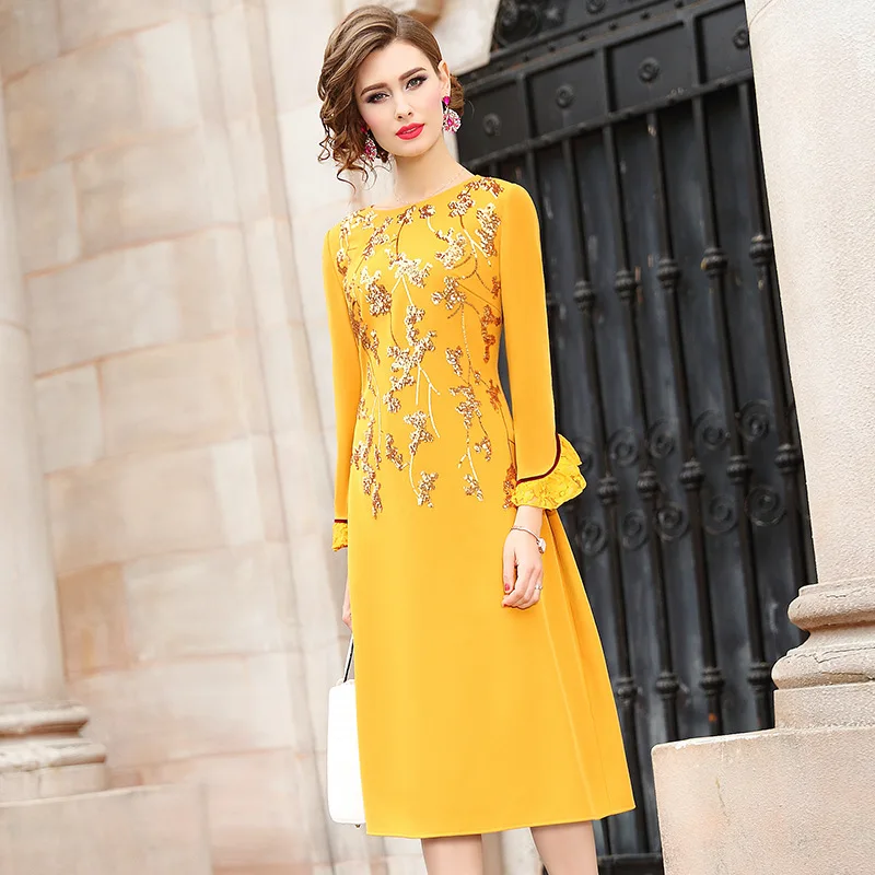 

Office Lady dress Spring 2019 new full Sleeve Women yellow Party Dress A Line Plus Size Vintage solid O neck Sequins dresses 3