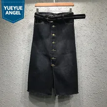 Новинка, европейская черная однобортная джинсовая юбка с разрезом, Женская приталенная юбка средней длины с высокой талией, элегантная женская юбка с запахом