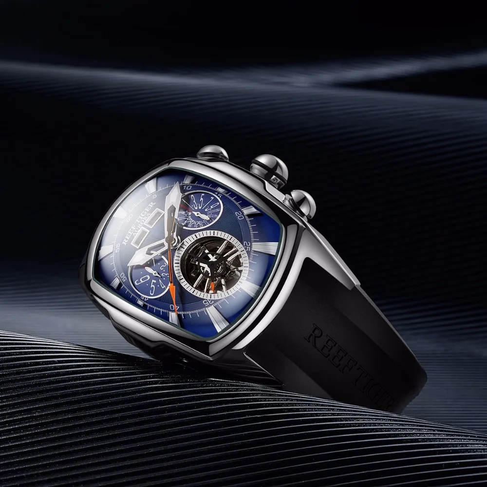  Reef Tiger/RT Designer Sport Watches Tourbillon Blue Dial Analog Display Watches Rubber Strap Lumin