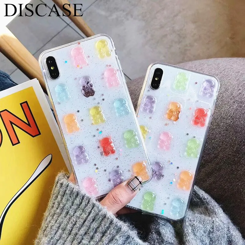 

DISCASE Phone Case For iphone 8 7plus TPU Silicone Soft Shell For iphone XS MAX XR XS 6 6s plus Candy Glitter Cute Stereo Animal