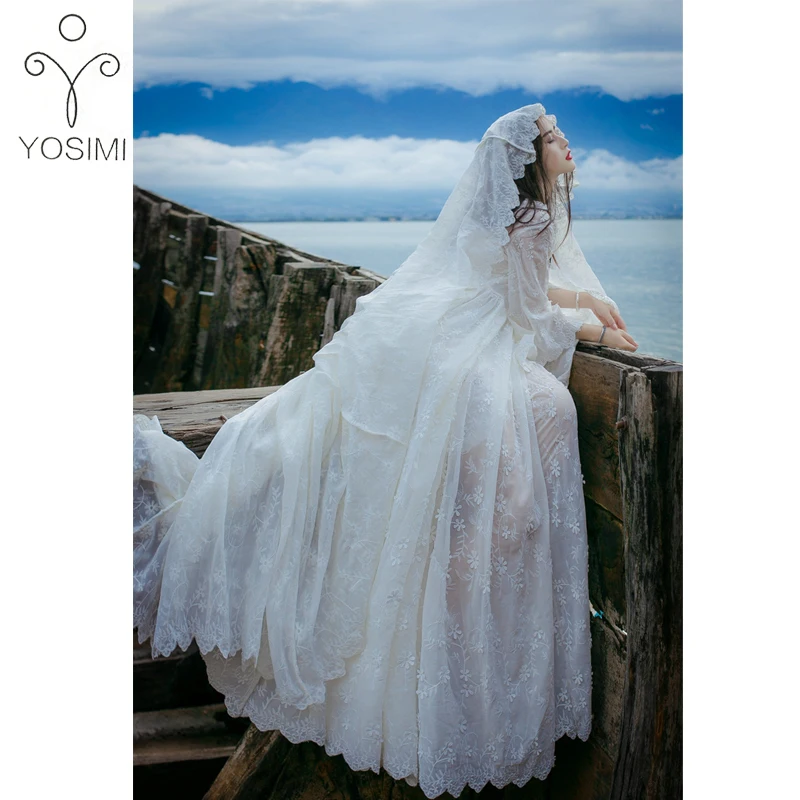 YOSIMI летнее платье Макси винтажное женское кружевное длинное платье туника белое вечернее женское платье с v-образным вырезом Свободные платья