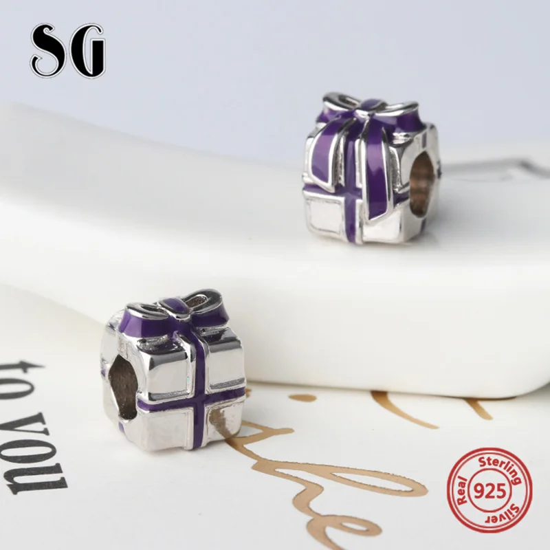 

New Arrival Charms Purple Enamel Gift Box Beads Silver 925 Beads Fit Authentic European Bracelets Pendant Jewelry Making Gifts