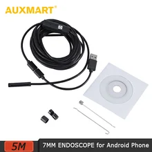 AUXMART 5M 7mm Lens USB Cable Mini Rigid Inspection Camera Snake Tube Waterproof Borescope with 6 LED for Android Phone PC