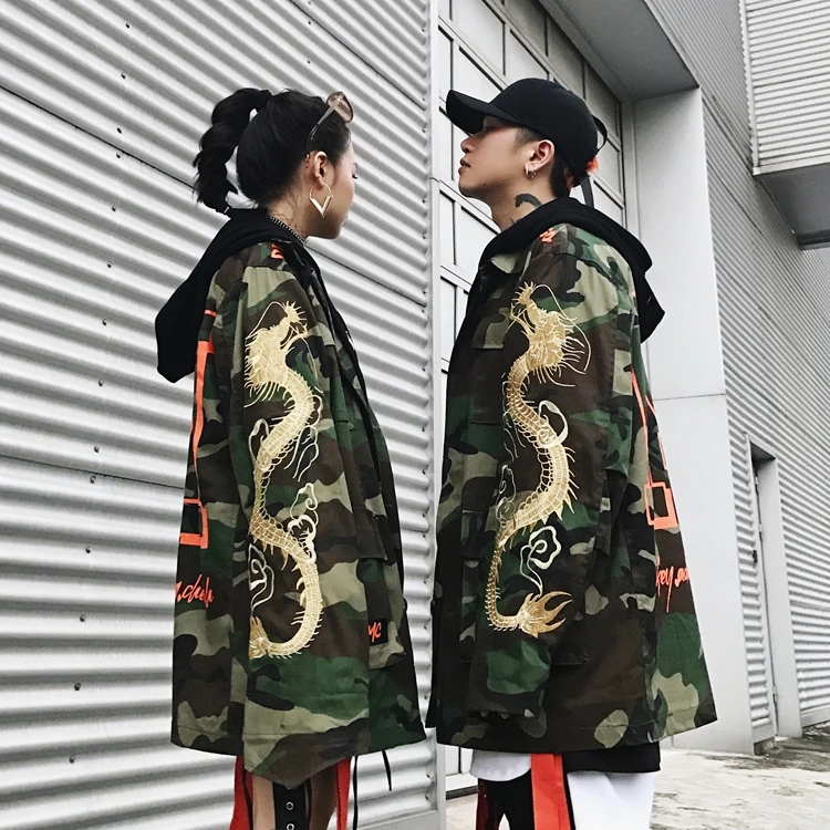 

Oversize Dragon Embroidery Camo Long Trench Coat Men